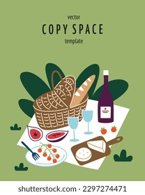 Picnic composition with food and drinks, template with copy space, vector arrangement with wicker basket, wine, figs. Good for card, poster design. Outdoor meal invitation