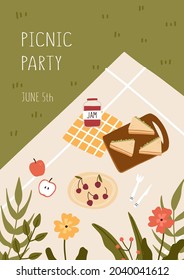 Picnic concept. Blanket with food and flowers. Hand drawn vector illustration.