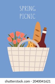 Picnic concept. Food and drink in a basket. Hand drawn vector illustration.