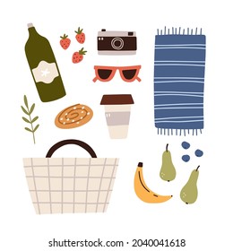 Picnic concept. Set with basket, food and other picnic essentials. Hand drawn vector illustration.