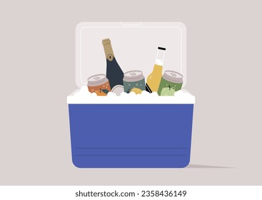 A picnic cooler stocked to the brim with an assortment of chilled beverages, including cans of soda, and bottles of beer and wine, ready to quench the thirst of outdoor enthusiasts