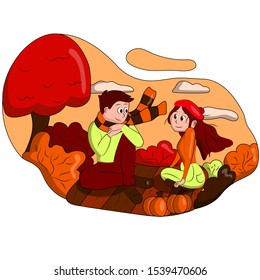 Picnic.  Couple. Date. Dinner. Romantic dinner. Romantic picnic. Lovers. Autumn. Autumn illustration. Vector characters. Vector illustration in flat linear style - autumn greeting card 