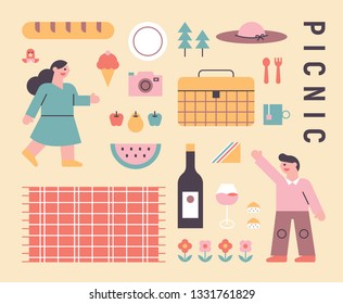 picnic couple and picnic object icons. flat design style minimal vector illustration