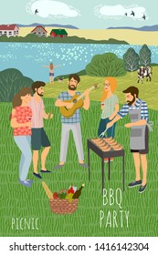 Picnic. Cute flat Vector illustration of mans and womans resting on the meadow against the background of the rural landscape . Drawing by hand active people weekend with a barbecue.