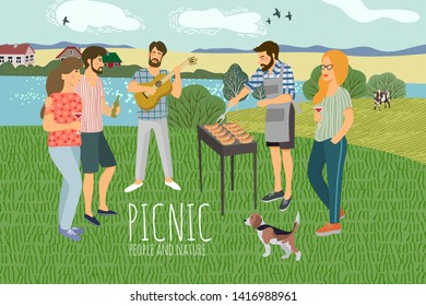Picnic. Cute flat Vector illustration of mans and womans resting on the nature against the background of the rural landscape . Drawing by hand active people weekend with a barbecue.