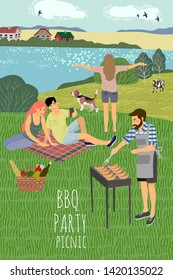 Picnic. Cute flat Vector illustration of mans and womans resting on the nature against the background of the rural landscape . Drawing by hand active people weekend with a barbecue.