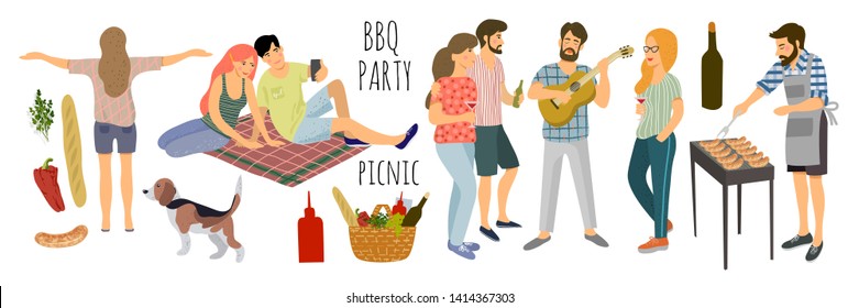 Picnic. Cute Vector illustration of isolated mans and womans resting on the nature on a white background. Drawing by hand active people weekend with a barbecue, food basket and dog