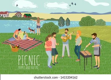 Picnic. Cute Vector illustration of mans and womans resting on the nature against the background of the rural landscape . Drawing by hand active people weekend with a barbecue.