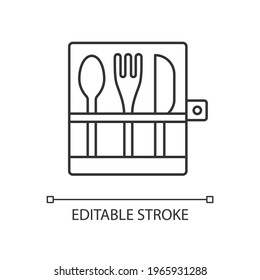 Picnic cutlery linear icon. Knives, spoons and forks. Items for outdoor lunch. Food serving. Thin line customizable illustration. Contour symbol. Vector isolated outline drawing. Editable stroke