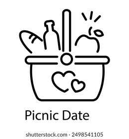 Picnic date food basket, line icon 