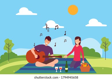 Concepto vectorial de fecha picnic: pareja tocando guitarra y cantando juntos mientras se hace un picnic en las verdes colinas