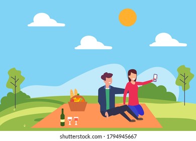 Picnic date vector concept: couple taking a selfie happily while having a picnic at the green hills