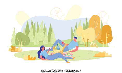 Picnic Date Young Couple in Autumn Park, Banner. Girl and Guy are Lying on Plaid, Drinking Wine and Talking. Between them is Fruit Basket. Far from City, they can Spend Time Outdoors.