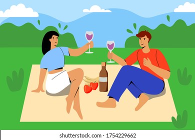 Picnic date young couple in park vector illustration concept Girl and guy are sitting on plaid drinking wine and talking far from city they can spend time outdoors Relax Rest Recreation 