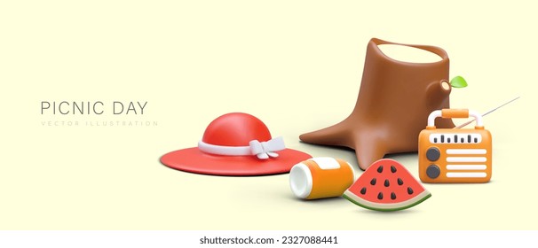 Picnic day. Color scene in plasticine style. 3D tree stump, sun hat, watermelon slice, radio, drink can. Pleasant leisure time in nature. Snack during outdoor walk