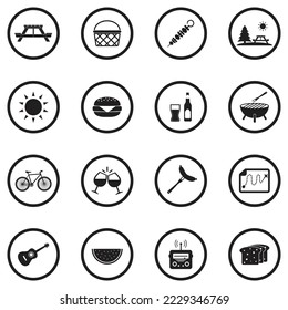 Picnic Day Icons. Black Flat Design In Circle. Vector Illustration.