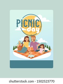 Picnic day invitation family event vector illustration. Outdoor activity announcement for parents with children. Happy family spends time together on outdoor picnic, summer weekend on nature