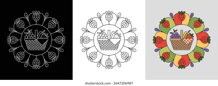 Picnic day mandala with fruits, baskets, and bright summer colors for cheerful decor.