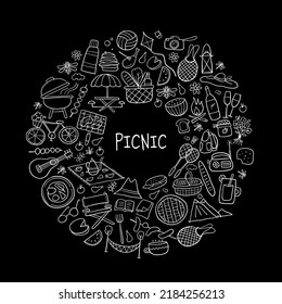 Picnic day. Outdoor relax design elements - Basket, drinks, food, game, sport. Circle frame. Vector illustration