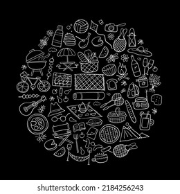 Picnic day. Outdoor relax design elements - Basket, drinks, food, game, sport. Circle frame. Vector illustration