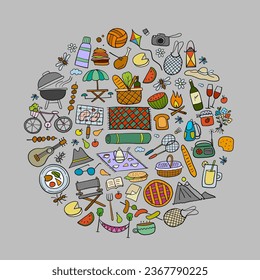 Picnic day. Outdoor relax design elements - Basket, drinks, food, game, sport. Circle frame. Vector illustration