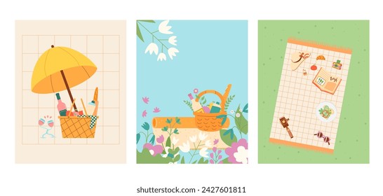 Picnic day in park banners template set. Spring and summer outing weekends rest elements background. Cookout summer food in air. Vector flat illustration.