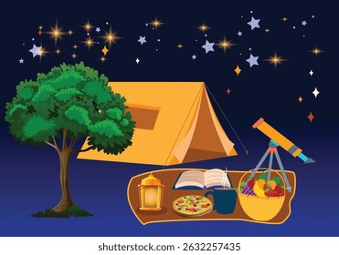 picnic day realistic poster invitation design template Vector illustration graphic artwork. Night camping.