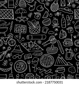 Picnic day. Seamless pattern for your design. Outdoor relax elements - Basket, drinks, food, game, sport. Vector illustration