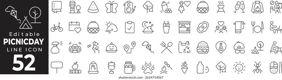 Picnic Day Thin Line Icon Set – Outdoor, Food, Leisure