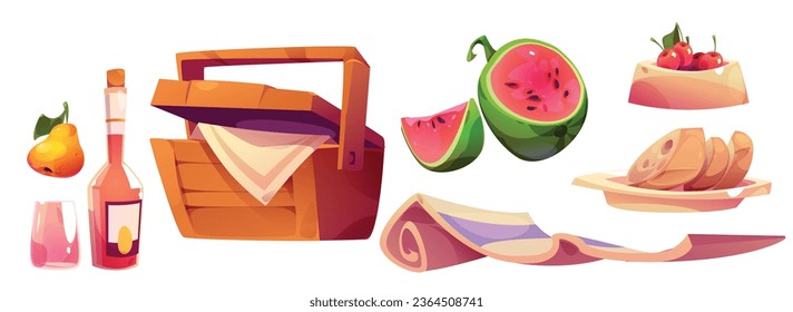 Picnic design elements isolated on white background. Vector cartoon illustration of basket with lunch, fresh watermelon, pear, cherries in bowl, appetizing cheese on plate, glass bottle of wine, towel