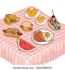 Picnic dishes consist of watermelon  bread  eggs  burgers  hot dogs  ice cream and bananas on a pink checkered tablecloth.