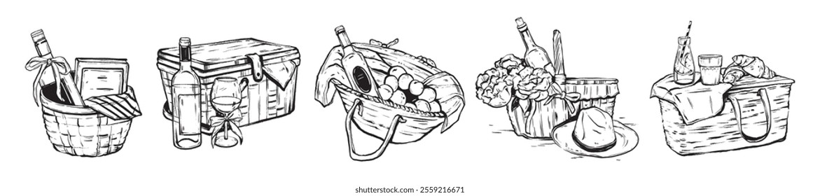 Picnic doodle illustration set, vector hand drawn summer outdoor lunch print, rural basket wine, hat. Outdoor snack, holiday park rest meal, glass lemonade bottle, flowers. Romantic date picnic doodle