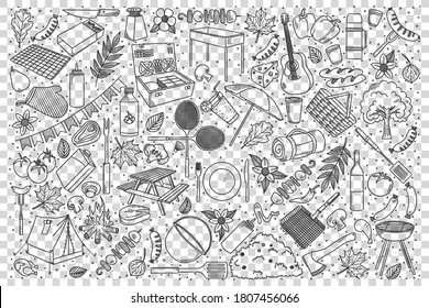 Picnic doodle set. Collection of hand drawn patterns sketches templates of hiking touristic equipment for bbq camping in forest or mountains. Active lifestyle and outdoor recreation illustration.