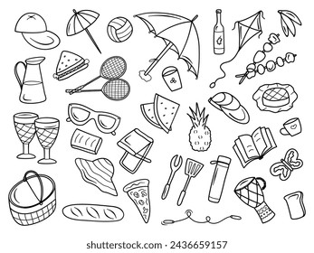 Picnic doodle set with summer hand drawn elements. Outdoor family lifestyle with barbecue in the garden with food and drink