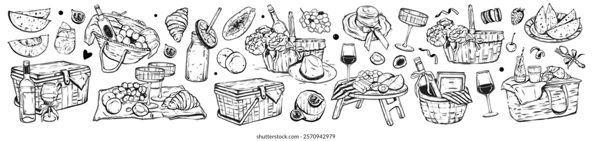 Picnic doodle vector illustration set, summer rural lunch hand drawn outdoor print, basket wine. Outdoor snack, holiday park rest meal, cheese, croissant, grapes, flowers. Romantic date picnic doodle