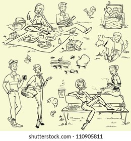 Picnic doodles set, weekend getaway, hand drawn people having a picnic, 60's, 50's