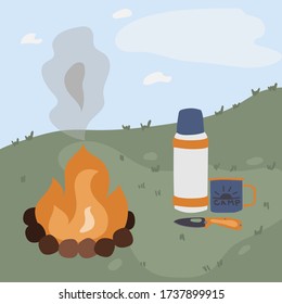 Picnic during outdoor activities near fire. camping cup, thermos, knife composition of tourist items. camping and hiking concept. flat vector illustration