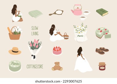 Picnic elements - beautiful girls, flowers, blanket, cake. Slow living concept. Vector