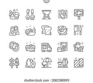 Picnic elements. Grill cutlery. Holiday, outdoors, vacation and weekend. Grill food and cooking. Tourist trailer. Pixel Perfect Vector Thin Line Icons. Simple Minimal Pictogram