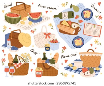 Picnic Elements Illustrations Set. Delicious Snack. Fresh Fruits, Bakery, Jam And Wine. Wicker Picnic Basket With Grocery And Flowers. Food And Drinks Design Elements Vector Illustration