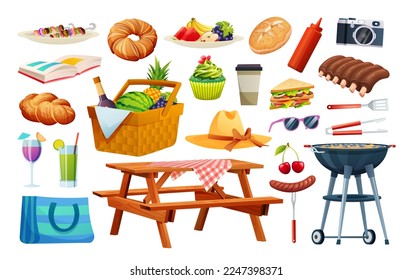 Picnic elements set. Basket with food, beverage, fruits, grilling equipment vector illustration