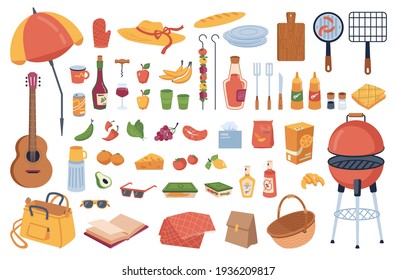 Picnic elements set isolated cartoon icons. Vector grill and umbrella, food drinks, grilling equipment. Guitar and cutting board, book and basket, sauces, glass and summer hat. BBQ meat on skewers