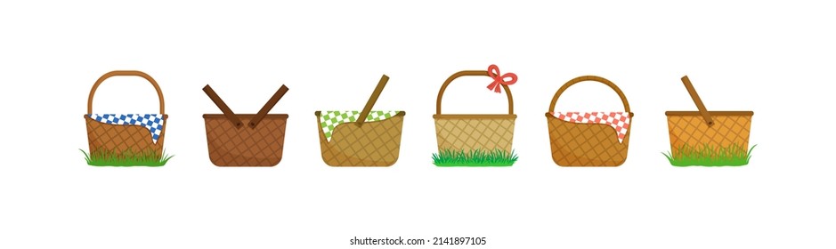 Picnic empty basket vector icon, Easter wicker hamper set isolated on white background. Cartoon illustration