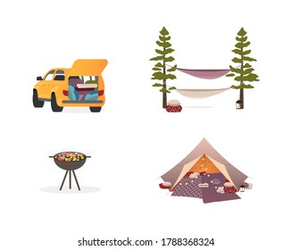 Picnic equipment flat color vector objects set. Camping tent with lights. Hammocks. Car. Barbeque grill. Isolated cartoon illustration for web graphic design and animation collection