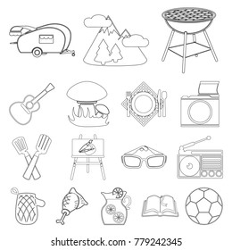 Picnic and equipment outline icons in set collection for design. Picnic in the nature vector symbol stock web illustration.