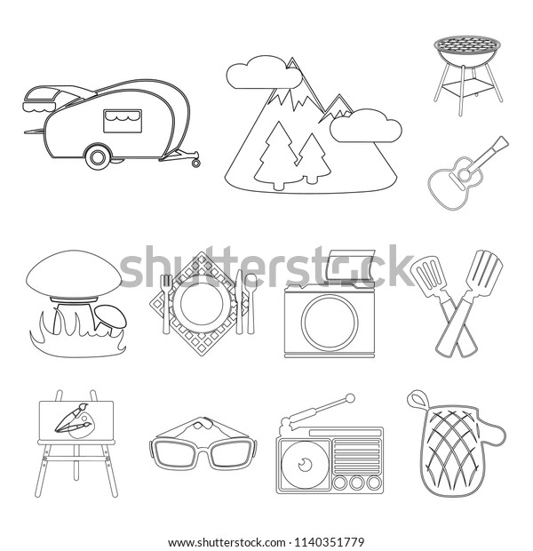 Picnic\
and equipment outline icons in set collection for design. Picnic in\
the nature vector symbol stock web\
illustration.