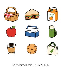 picnic essentials flat cartoon icon collection