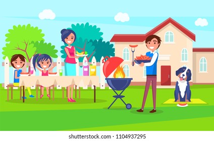 Picnic family relaxing by house, table with cups, juice and happy kids, mother with fruit plate, father holding cooked sausages vector illustration