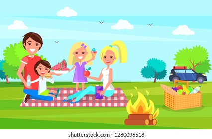 Picnic family sitting on cloth and eating watermelon vector. Car transport standing in distance, mother and father, children holding ice cream dessert