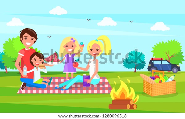 Picnic family sitting on cloth and eating\
watermelon vector. Car transport standing in distance, mother and\
father, children holding ice cream\
dessert
